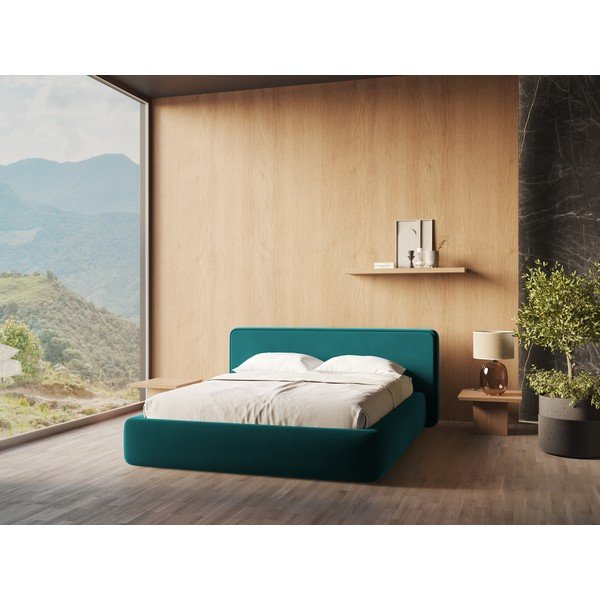 Turkizna oblazinjena zakonska postelja s prostorom za shranjevanje z letvenim dnom 140x200 cm Kiana – Makamii-image-1