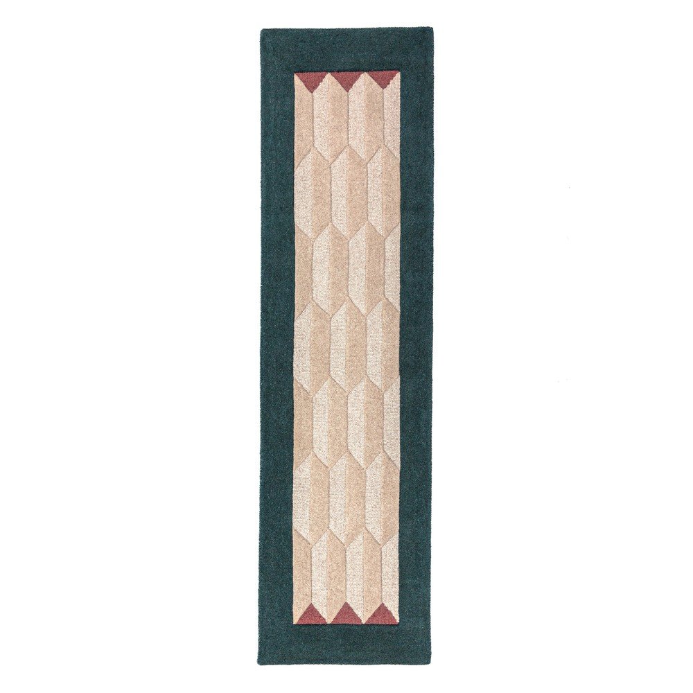 Ročno tkan volnen tekač v naravni barvi/zelenomoder Apex Border Wool