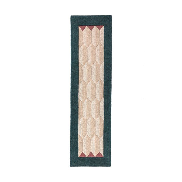 Ročno tkan volnen tekač v naravni barvi/zelenomoder 60x230 cm Apex Border Wool – Flair Rugs