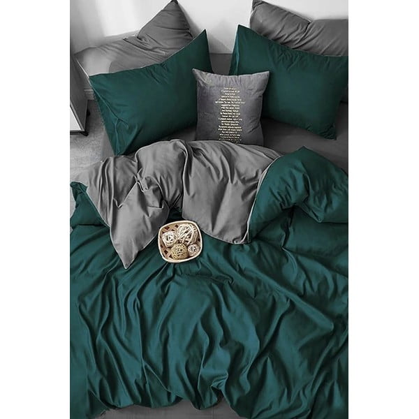 Temno zeleno-siva bombažna podaljšana posteljnina za zakonsko posteljo z rjuho 200x220 cm - Mila Home