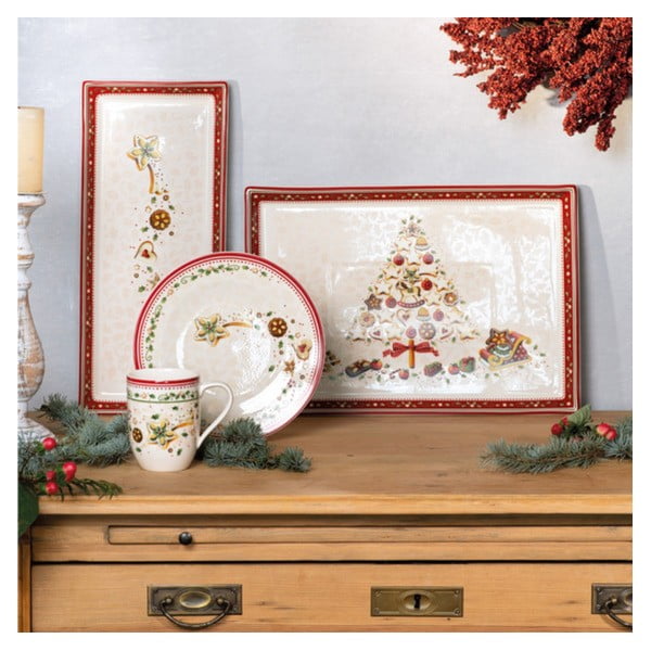 Rdeče-bež porcelanast servirni krožnik z božičnim motivom Villeroy&Boch, 39,7 x 17,3 cm