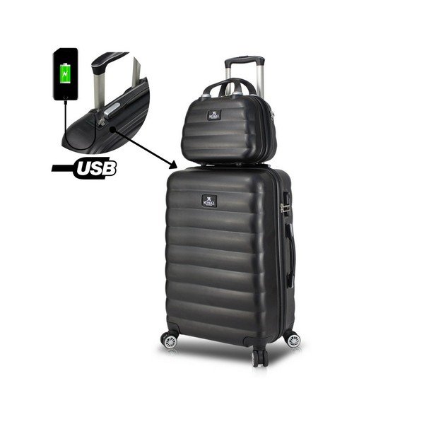 Komplet črnega potovalnega kovčka na kolesih z USB priključkom in ročnim kovčkom My Valice RESSNO MU & M-image-1