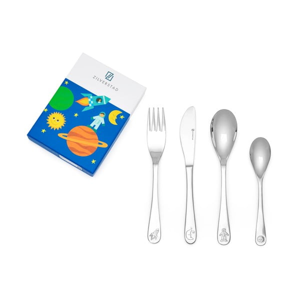 Otroški jedilni pribor iz nerjavečega jekla v srebrni barvi 4 ks Space – Zilverstad-image-3