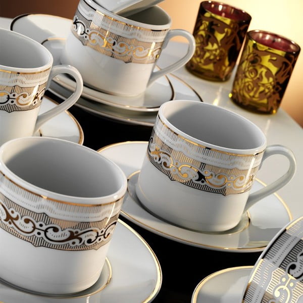 Komplet 6 porcelanskih skodelic in krožnikov Kutahya Pray Lina, 50 ml