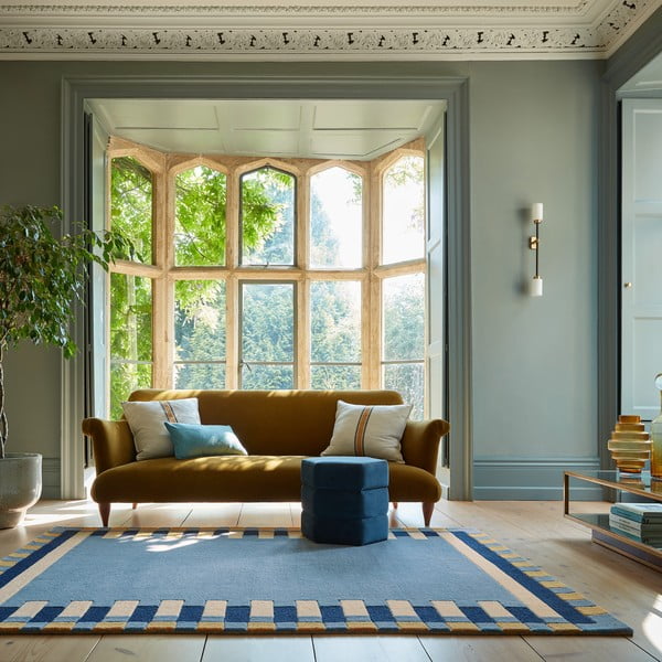 Modra ročno tkana volnena preproga 200x290 cm Kai Wool Border – Flair Rugs-image-1