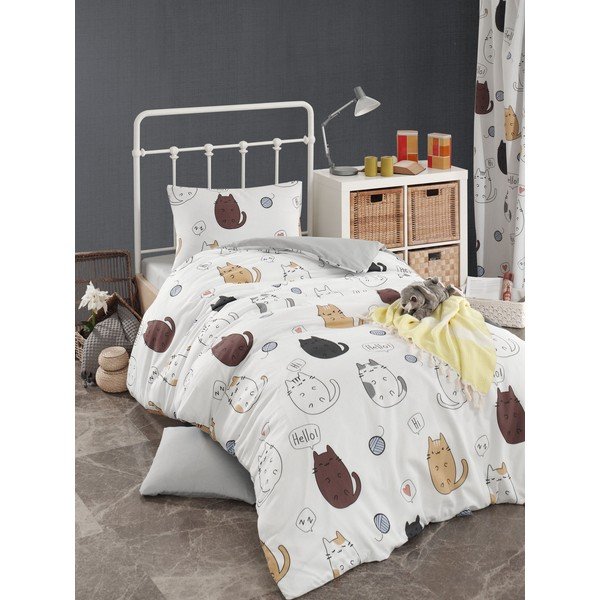 Posteljno perilo z rjuho za enojno posteljo Eponj Home Hello Cats White, 160 x 220 cm