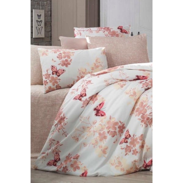 Belo-rjava podaljšana posteljnina za zakonsko posteljo z rjuho Butterfly - Mila Home