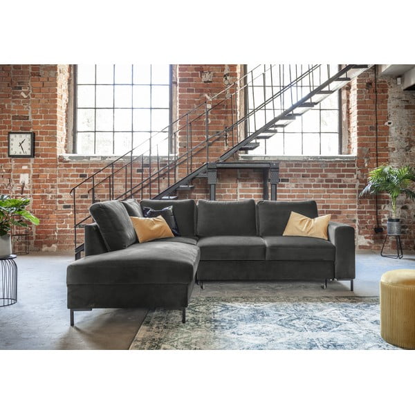 Temno siva žametna raztegljiva kotna sedežna garnitura (levi kot) Lofty Lilly – Miuform-image-1