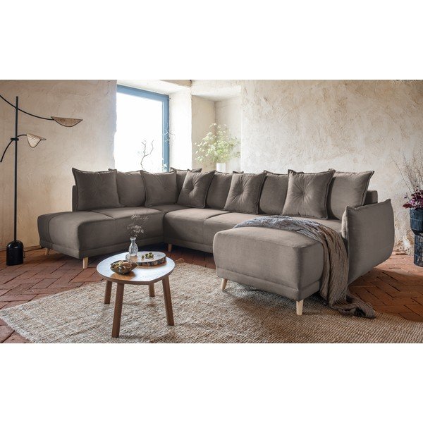 Svetlo rjava raztegljiva kotna sedežna garnitura iz rebrastega žameta (levi kot/v obliki črke "U") Lazy Lukka – Miuform-image-4