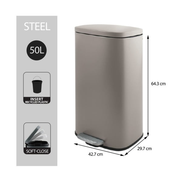 Sivorjav jeklen koš za smeti s pedalom 50 l Akira – Spirella-image-3