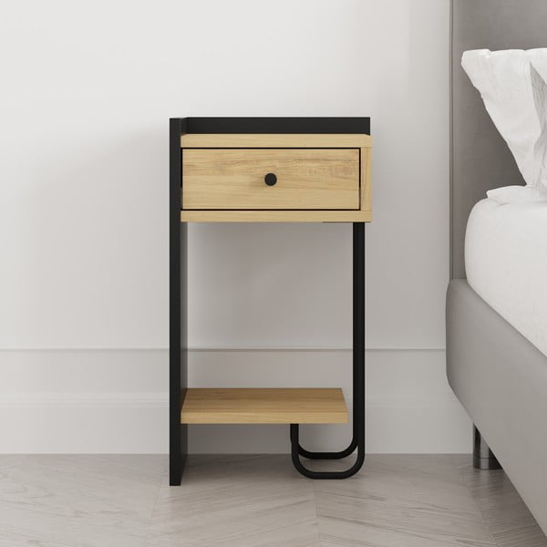 Črna/naravna nočna omarica v hrastovem dekorju s policami Mercure – Marckeric-image-4