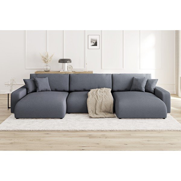 Temno siva raztegljiva kotna sedežna garnitura iz rebrastega žameta s prostorom za shranjevanje Sara – Ropez-image-1