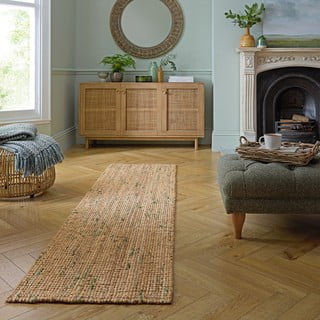 Obojestranski ročno tkan tekač iz jute v naravni in zeleni barvi 60x300 cm Jute Boucle Green – Flair Rugs