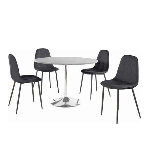 Støraa Terri Betonska okrogla jedilna miza in 4 črni stoli