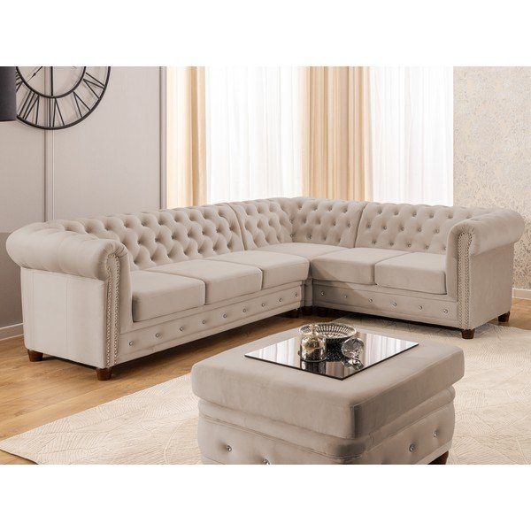 Bež žametna raztegljiva kotna sedežna garnitura (desni kot/v obliki črke L) York Blik – Ropez-image-1