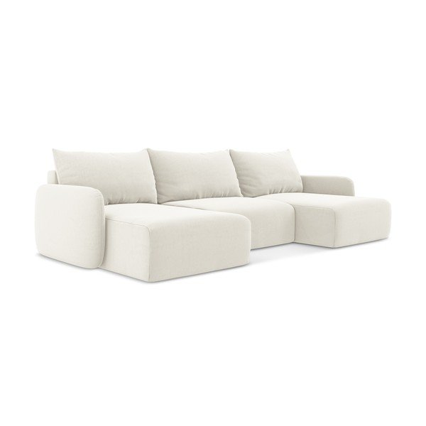 Kremno bela žametna raztegljiva/s prostorom za shranjevanje kotna sedežna garnitura (v obliki črke "U") Kalena – Makamii-image-2