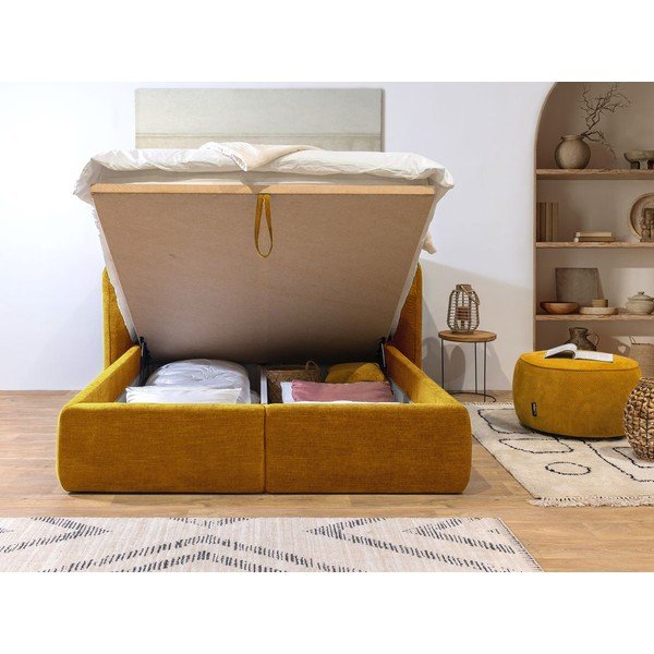 Rumena oblazinjena zakonska postelja s prostorom za shranjevanje in letvenim dnom 160x200 cm Louise - Bobochic Paris-image-4