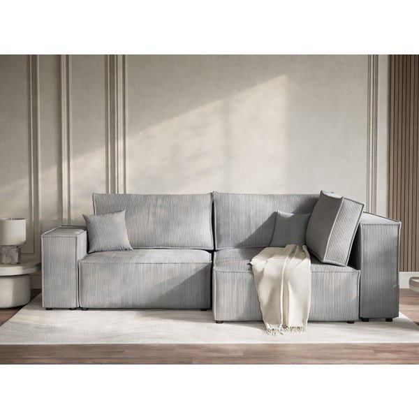 Siva raztegljiva/s prostorom za shranjevanje kotna sedežna garnitura iz rebrastega žameta (desni kot/v obliki črke L) Tonga – Maison de Rêve-image-1