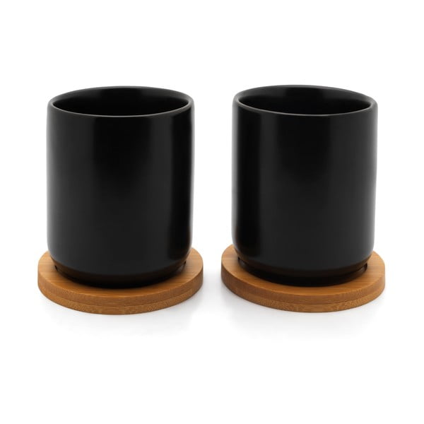 Komplet 2 črnih keramičnih skodelic s podstavki iz bambusa Bredemeijer Umea, 200 ml