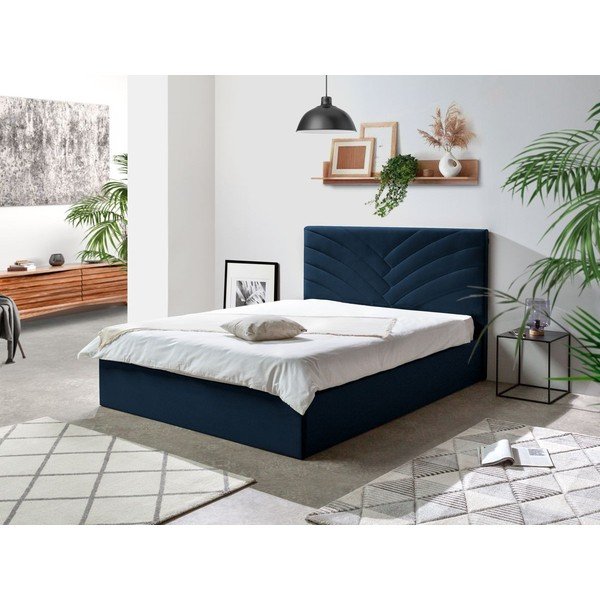 Temno modra oblazinjena zakonska postelja s prostorom za shranjevanje in letvenim dnom 160x200 cm Palmyre - Bobochic Paris-image-1