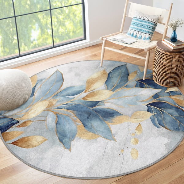 Modra/zlata pralna okrogla preproga ø 120 cm Golden Leaves – Mila Home-image-4