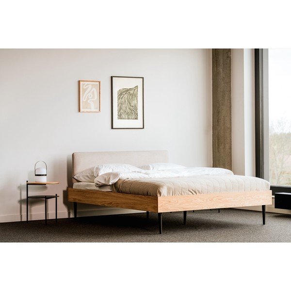 Oblazinjena/iz iverne plošče zakonska postelja v hrastovem dekorju z letvenim dnom 200x200 cm v naravni barvi Streiko – noo.ma-image-1