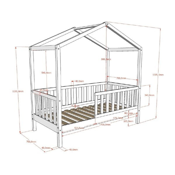 Otroška postelja iz masivnega bora v obliki hiške z letvenim dnom 70x140 cm DALLAS – Vipack-image-4