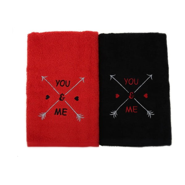 Komplet 2 črno-rdečih bombažnih brisač You & Me, 50 x 90 cm