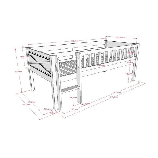 Bela dvignjena otroška postelja iz masivnega bora z letvenim dnom 90x200 cm Scott – Vipack-image-2
