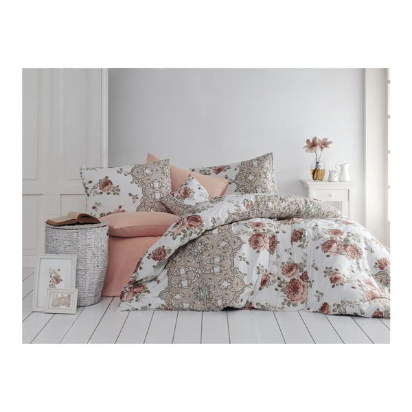 Rjava bombažna posteljnina z rjuho za zakonsko posteljo Nazenin Home Arnia, 200 x 220 cm