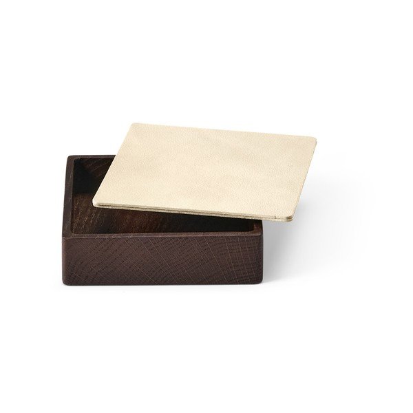 Rjavo-kremno bela dekorativna škatla za shranjevanje s pokrovom iz lesa in eko usnja 11x11x3,5 cm Square Nupo – LIND DNA-image-1
