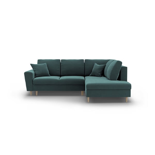 Modrozelena žametna raztegljiva kotna sedežna garnitura s prostorom za shranjevanje (desni kot/v obliki črke L) Kyoto – Cosmopolitan Design