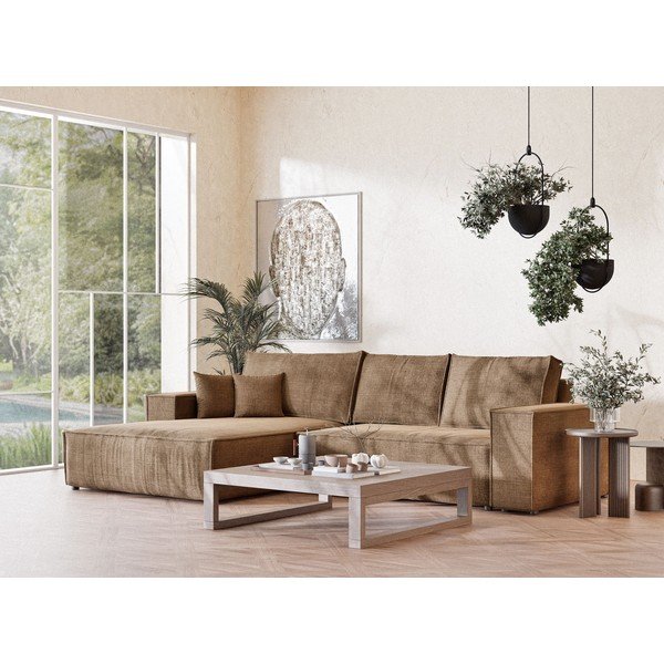 Svetlo rjava raztegljiva/s prostorom za shranjevanje kotna sedežna garnitura iz šenilje (levi kot/z ležalnikom) Maze – Maison de Rêve-image-1