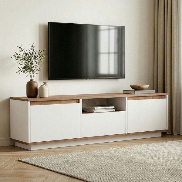 Bela/v naravni barvi TV omarica v borovem dekorju 160x42x30 cm Sentinel – Kalune Design-image-1