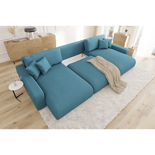 Turkizna raztegljiva kotna sedežna garnitura iz rebrastega žameta s prostorom za shranjevanje Sara – Ropez-image-4