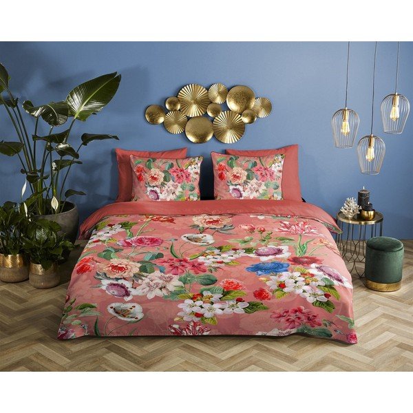 Oranžna posteljnina iz organskega bombaža Descanso Flowery, 140 x 220 cm-image-1