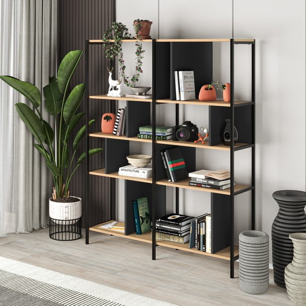 Črn/naraven regal v hrastovem dekorju 144x175 cm Alabama – Marckeric-image-4