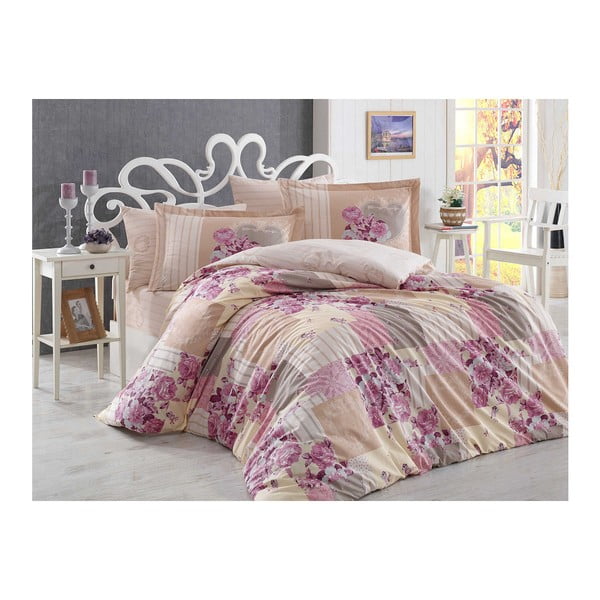 Roza bombažna posteljnina iz bombažnega poplina za zakonsko posteljo z rjuho Rachele, 200 x 220 cm