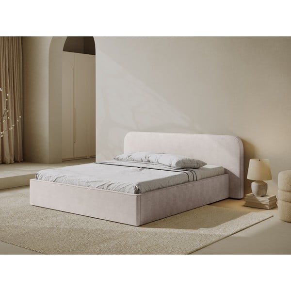 Bela oblazinjena zakonska postelja s prostorom za shranjevanje in z letvenim dnom 160x200 cm Elizabeth – Micadoni -image-1