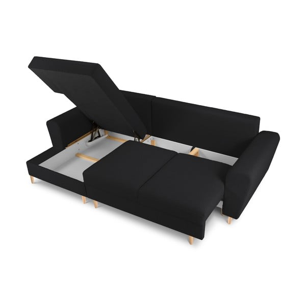 Črna raztegljiva kotna sedežna garnitura s prostorom za shranjevanje iz tkanine bouclé (levi kot/z ležalnikom) Kyoto – Cosmopolitan Design-image-3