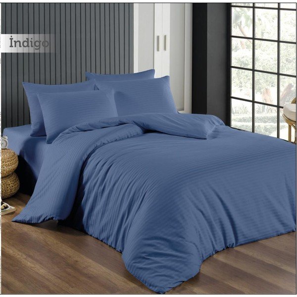 Modra podaljšana posteljnina za zakonsko posteljo iz damasta z rjuho 4-delna 200x220 cm – Mila Home-image-1
