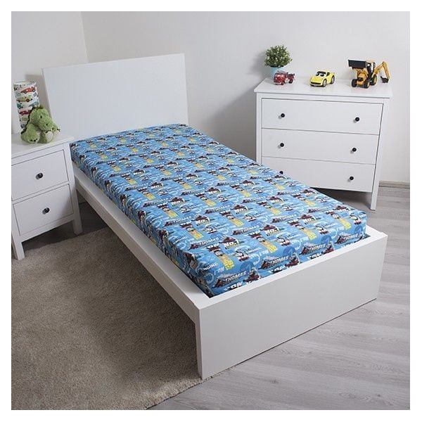 Modra napenjalna bombažna otroška rjuha 90x200 cm Thomas the Tank Engine – Jerry Fabrics-image-1