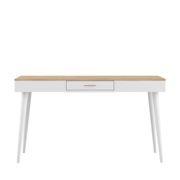 Bela delovna miza s ploščo v hrastovem dekorju 134x59 cm - TemaHome 