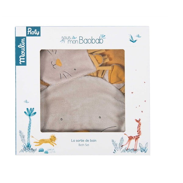 Rumena bombažna otroška brisača s kapuco in krpico 80x114 cm Sous mon Baobab - Moulin Roty-image-3