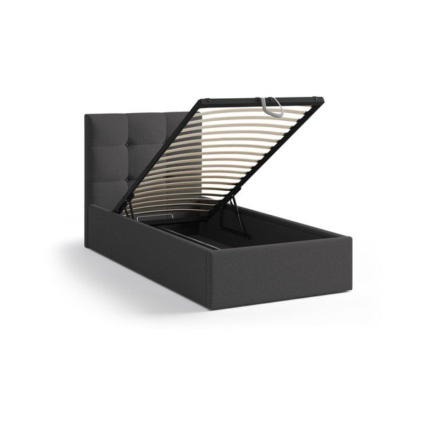 Antracitno siva oblazinjena postelja s prostorom za shranjevanje in z letvenim dnom 90x200 cm Phaedra – Micadoni -image-1