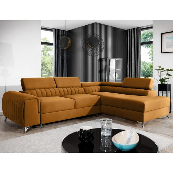 Rumena žametna raztegljiva/s prostorom za shranjevanje kotna sedežna garnitura (desni kot/v obliki črke L) Laurence – ELTAP-image-1
