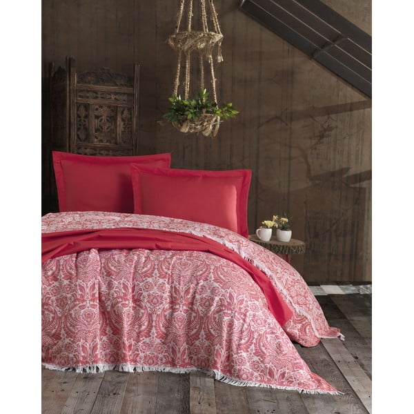 Komplet bombažnega pregrinjala za posteljo in 2 prevlek za vzglavnik EnLora Home Nish Red, 240 x 260 cm