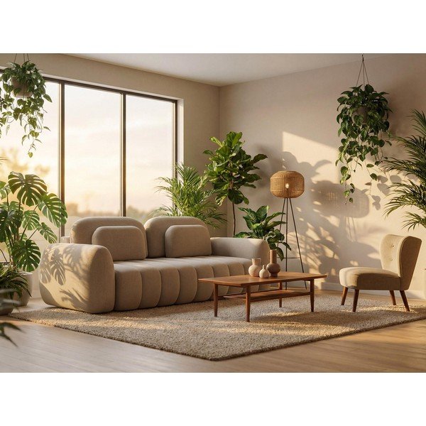 Bež raztegljiva kotna sedežna garnitura iz tkanine bouclé s prostorom za shranjevanje (desni kot/z ležalnikom) Pele – Makamii-image-1