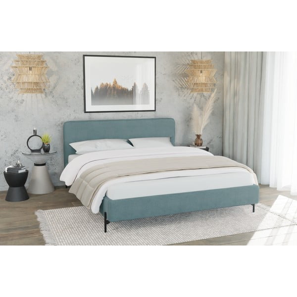 Svetlo modra oblazinjena zakonska postelja z letvenim dnom 200x200 cm Barker – Ropez-image-2
