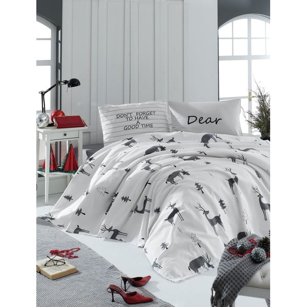 Belo bombažno pregrinjalo za zakonsko posteljo, rjuha in 2 prevleki za vzglavnik EnLora Home GoodTime White, 200 x 235 cm